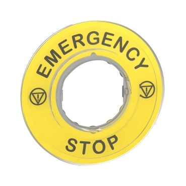 Schneider  ZBY9320 - Legend holder 60mm for emergency stop, plastic, yellow, marked EMERGENCY STOP